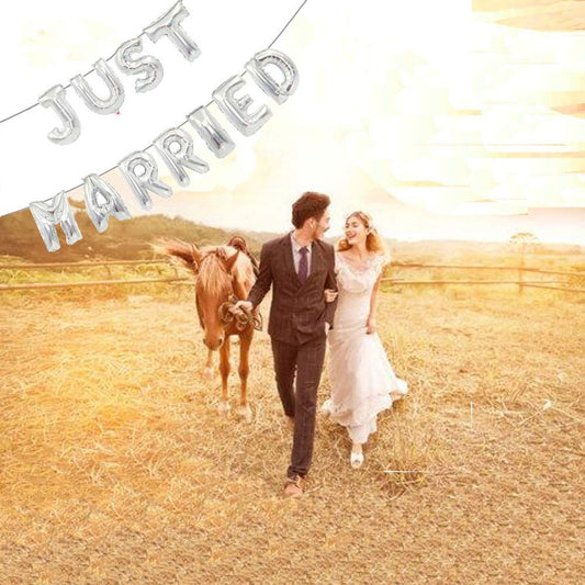 Set Baloane Just Married, Figurine Litere pentru Nunta, Folie de Aluminiu, Umflare Aer sau Heliu, Argintiu, 40 cm