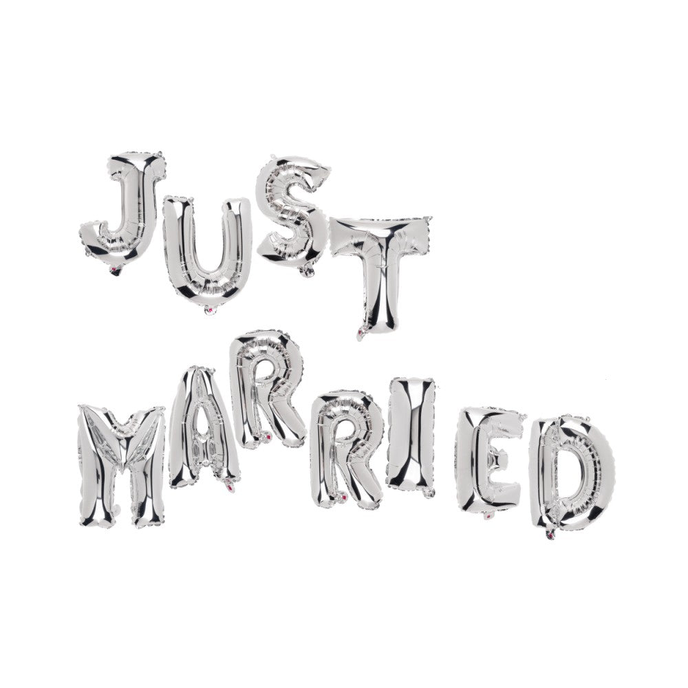 Set Baloane Just Married, Figurine Litere pentru Nunta, Folie de Aluminiu, Umflare Aer sau Heliu, Argintiu, 40 cm