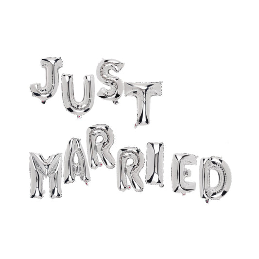 Set Baloane Just Married, Figurine Litere pentru Nunta, Folie de Aluminiu, Umflare Aer sau Heliu, Argintiu, 40 cm