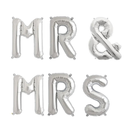 Set Baloane Litere MR&MRS pentru Nunta, Figurine din Folie de Aluminiu, Umflare Aer sau Heliu, Include Pai, 40 cm, Argintiu