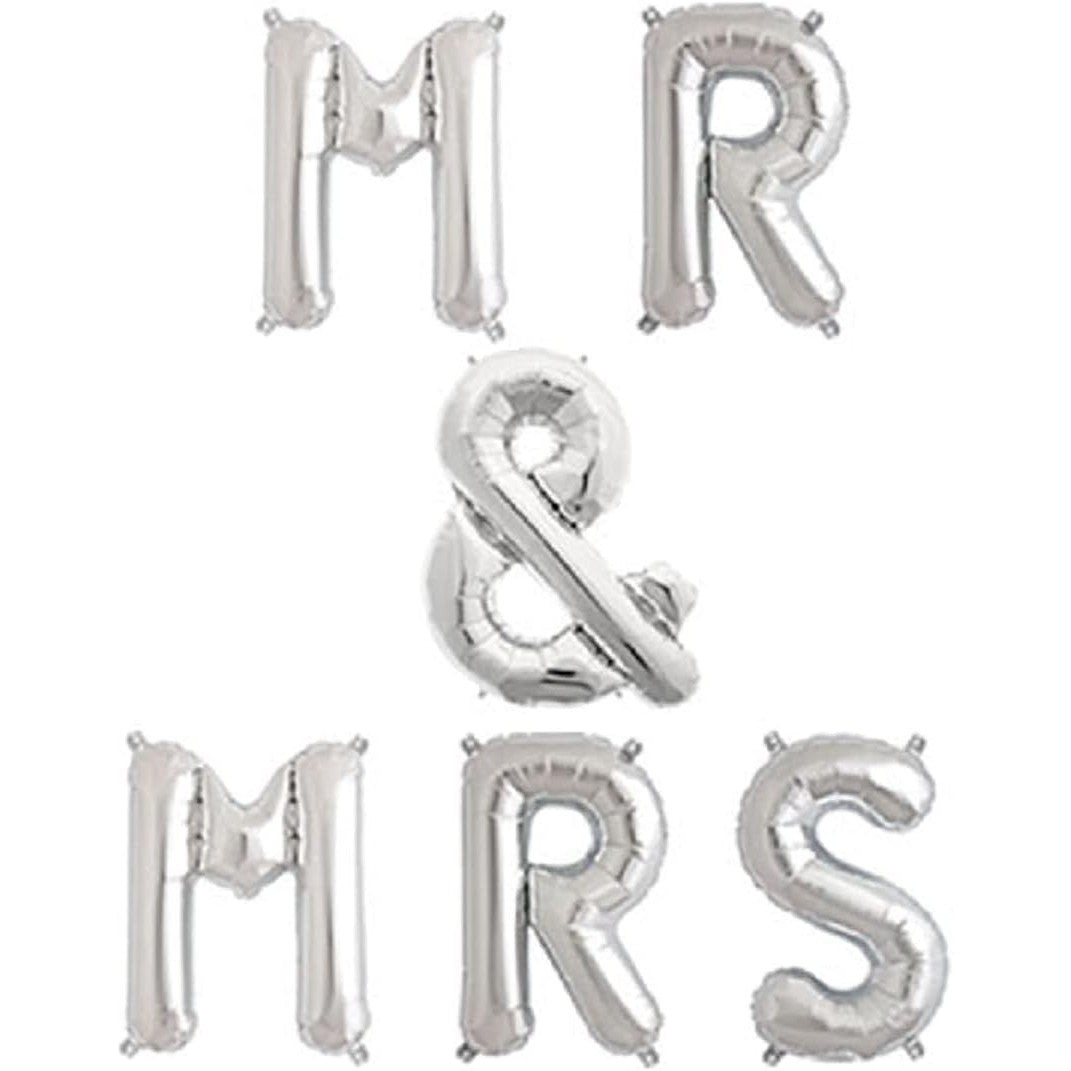Set Baloane Litere MR&MRS pentru Nunta, Figurine din Folie de Aluminiu, Umflare Aer sau Heliu, Include Pai, 40 cm, Argintiu