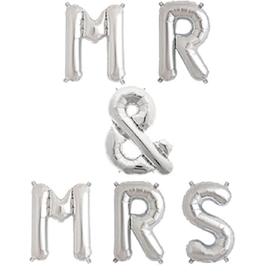 Set Baloane Litere MR&MRS pentru Nunta, Figurine din Folie de Aluminiu, Umflare Aer sau Heliu, Include Pai, 40 cm, Argintiu