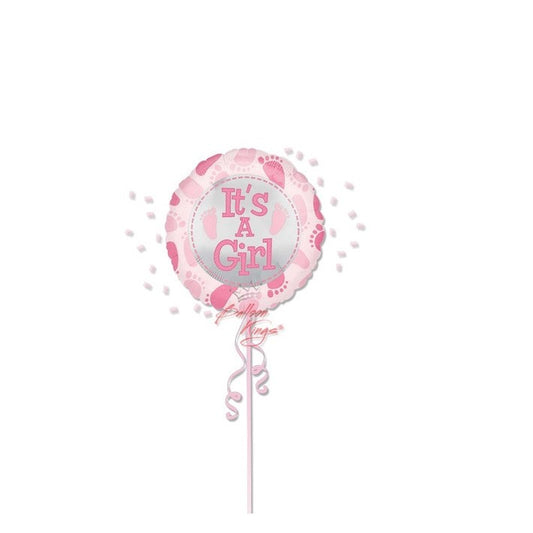 Balon din Folie Metalizata, Figurina Rotunda It's a Girl, Decoratiune Gender Reveal si Botez, Umflare cu Aer sau Heliu, Include Pai, Roz, 45 cm
