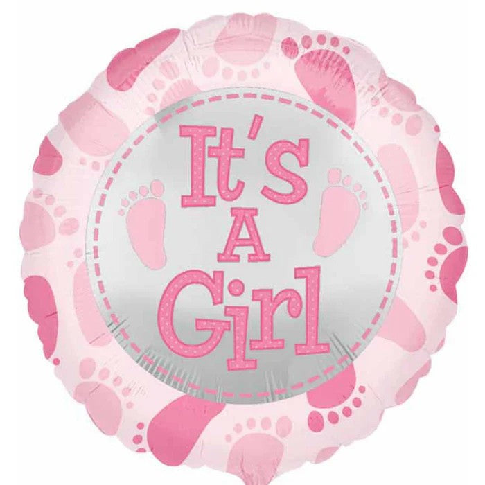 Balon din Folie Metalizata, Figurina Rotunda It's a Girl, Decoratiune Gender Reveal si Botez, Umflare cu Aer sau Heliu, Include Pai, Roz, 45 cm