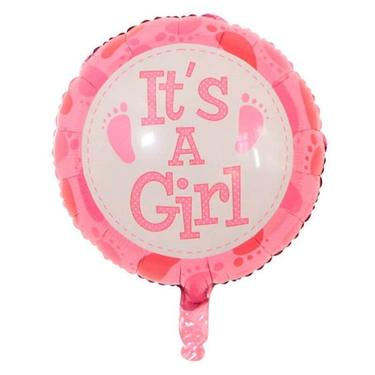 Balon din Folie Metalizata, Figurina Rotunda It's a Girl, Decoratiune Gender Reveal si Botez, Umflare cu Aer sau Heliu, Include Pai, Roz, 45 cm