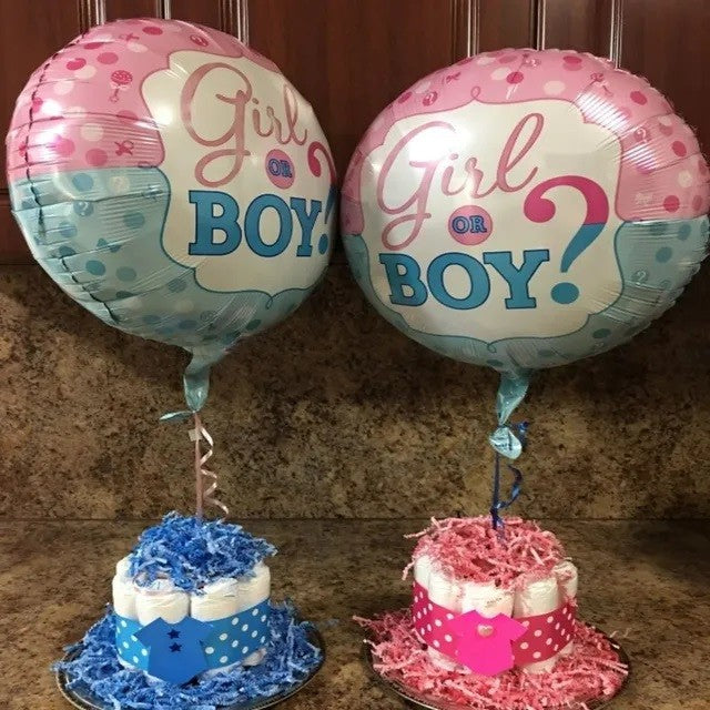 Balon din Folie Metalizată Gender Reveal, Figurină Rotundă Girl or Boy, Umflare Aer sau Heliu, Set cu Pai Inclus, 45 cm, Albastru/Roz