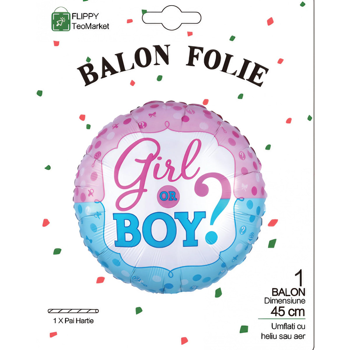 Balon din Folie Metalizată Gender Reveal, Figurină Rotundă Girl or Boy, Umflare Aer sau Heliu, Set cu Pai Inclus, 45 cm, Albastru/Roz