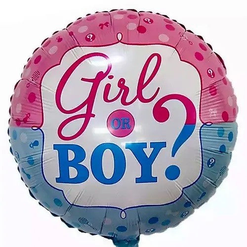 Balon din Folie Metalizată Gender Reveal, Figurină Rotundă Girl or Boy, Umflare Aer sau Heliu, Set cu Pai Inclus, 45 cm, Albastru/Roz