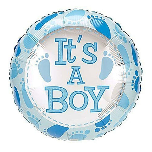 Balon din Folie Metalizata, Figurina Rotunda It's a Boy, Decoratiune Gender Reveal si Botez, Umflare Aer sau Heliu, Include Pai, Albastru, 45 cm