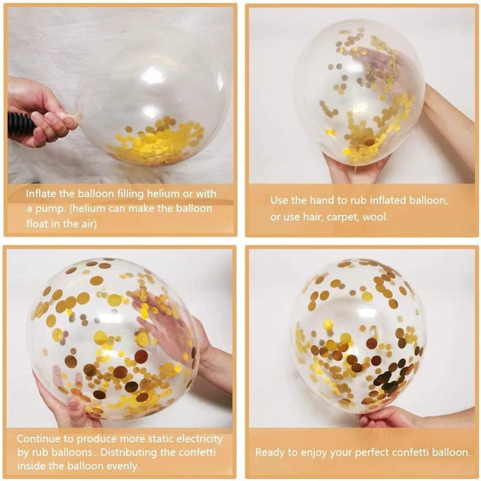 Set 16 Baloane Party din Latex pentru Petrecere, Compatibile Heliu sau Aer, 30 cm, Alb, Auriu și Transparent cu Confetti, 2.8 g