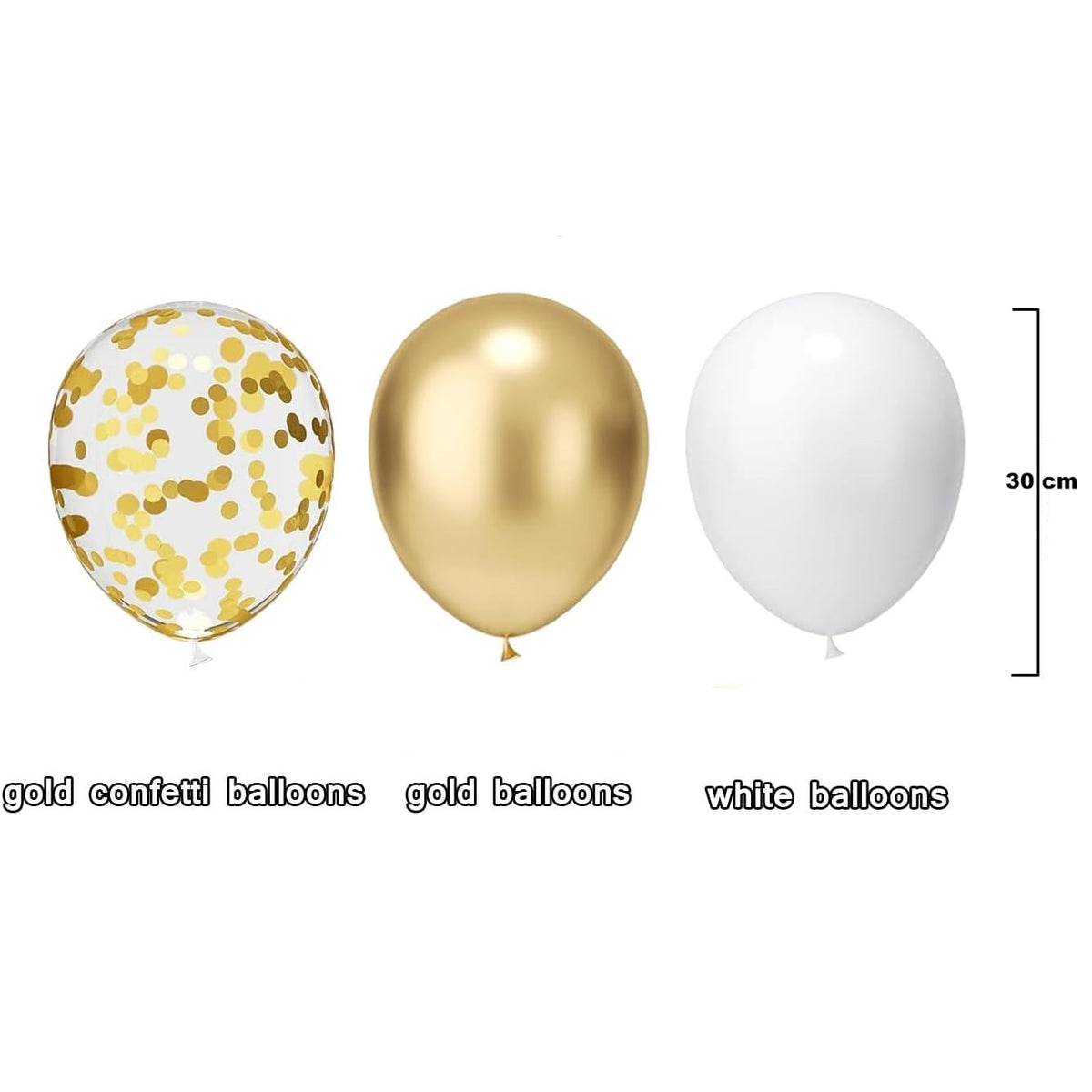Set 16 Baloane Party din Latex pentru Petrecere, Compatibile Heliu sau Aer, 30 cm, Alb, Auriu și Transparent cu Confetti, 2.8 g
