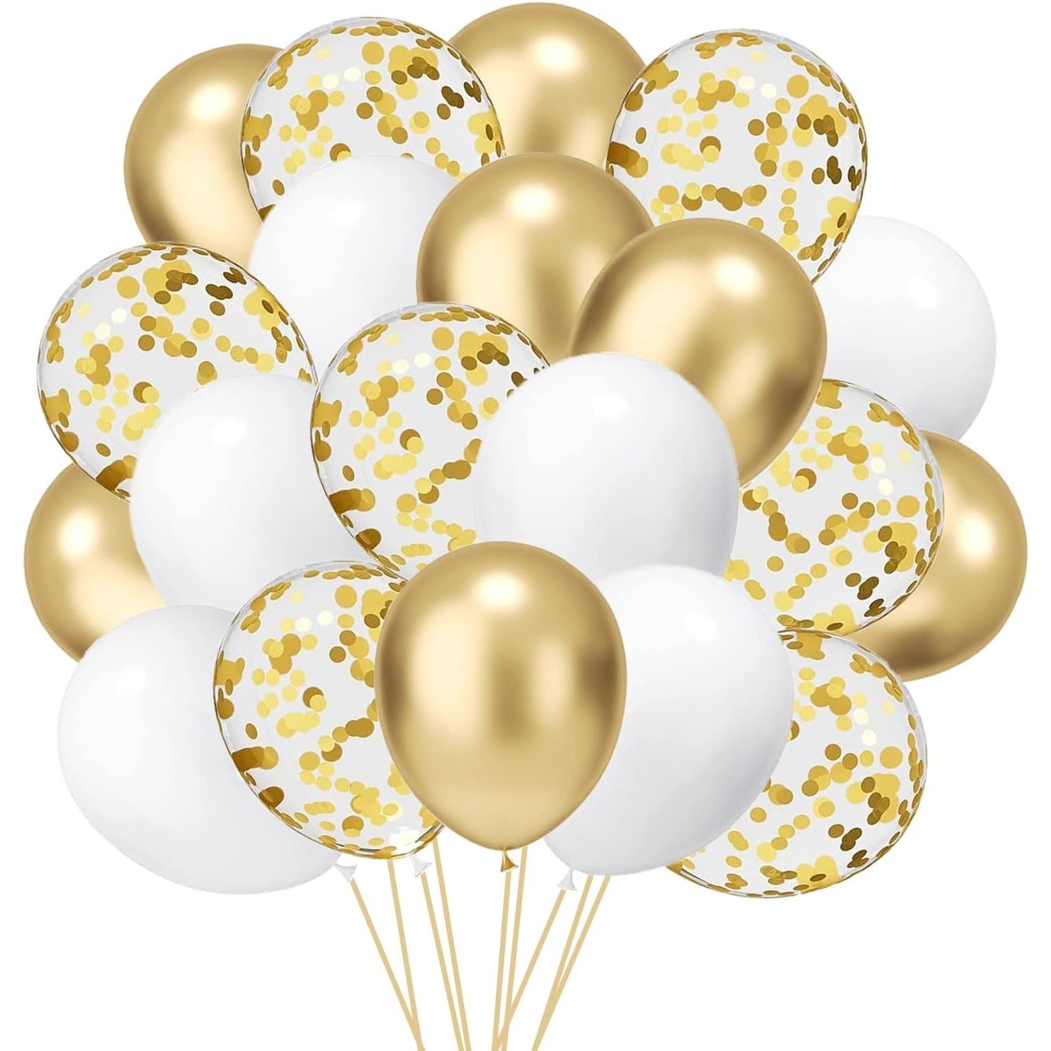 Set 16 Baloane Party din Latex pentru Petrecere, Compatibile Heliu sau Aer, 30 cm, Alb, Auriu și Transparent cu Confetti, 2.8 g