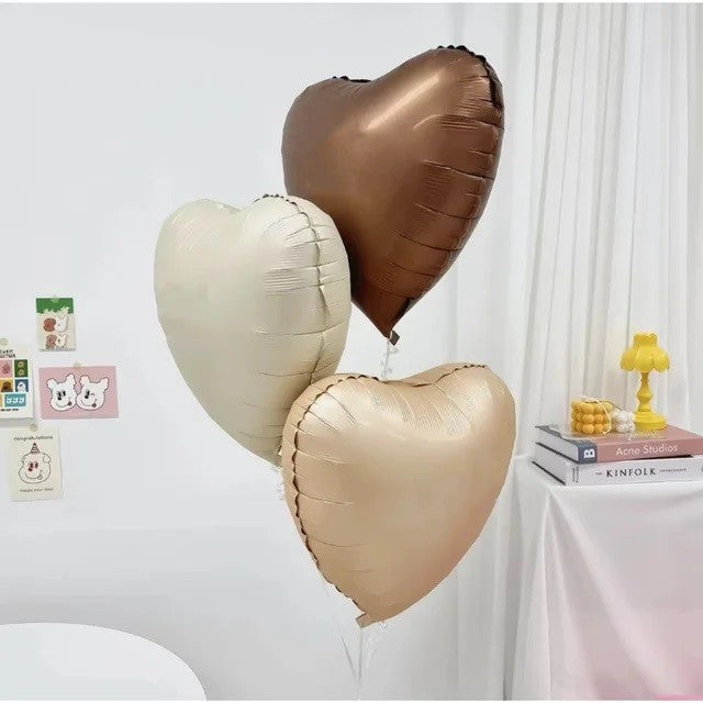 Set 3 Baloane din Folie Metalizata, Figurine Inimi, Decor Ziua Indragostitilor, Umflare Aer sau Heliu, Aluminiu, 45 cm, Crem/Maro