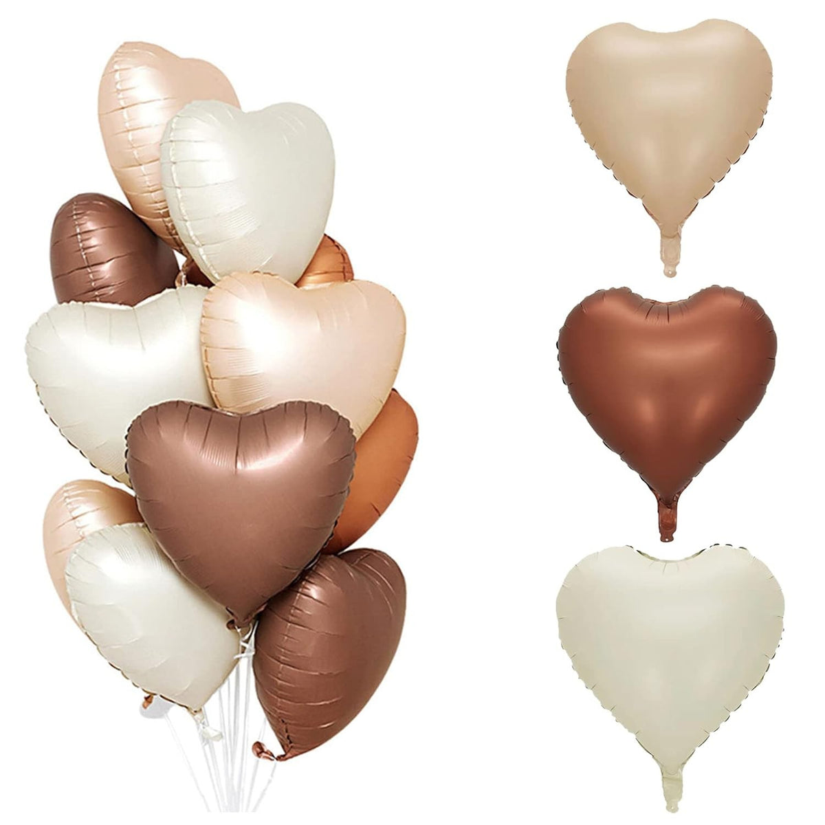 Set 3 Baloane din Folie Metalizata, Figurine Inimi, Decor Ziua Indragostitilor, Umflare Aer sau Heliu, Aluminiu, 45 cm, Crem/Maro