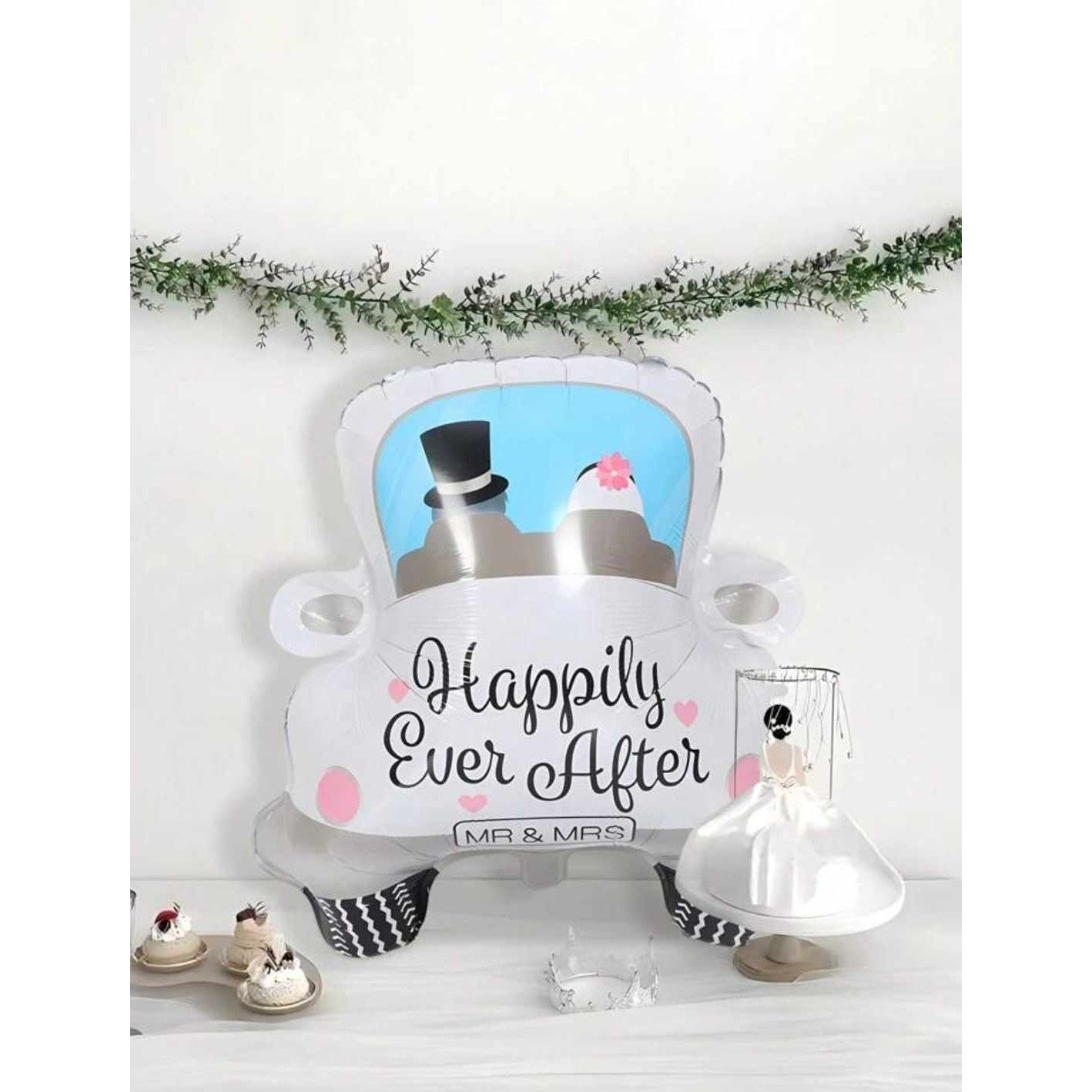 Balon din Folie Metalizata, Figurina Masina Nunta Happily Ever After, Decoratiune Evenimente, Umflare Aer sau Heliu, Pai Inclus, 60 x 63 cm, Alb