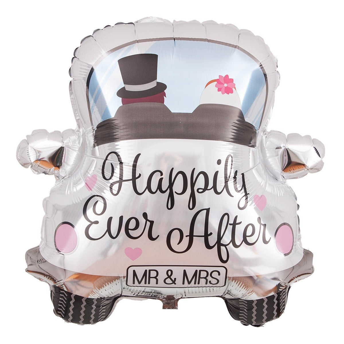Balon din Folie Metalizata, Figurina Masina Nunta Happily Ever After, Decoratiune Evenimente, Umflare Aer sau Heliu, Pai Inclus, 60 x 63 cm, Alb