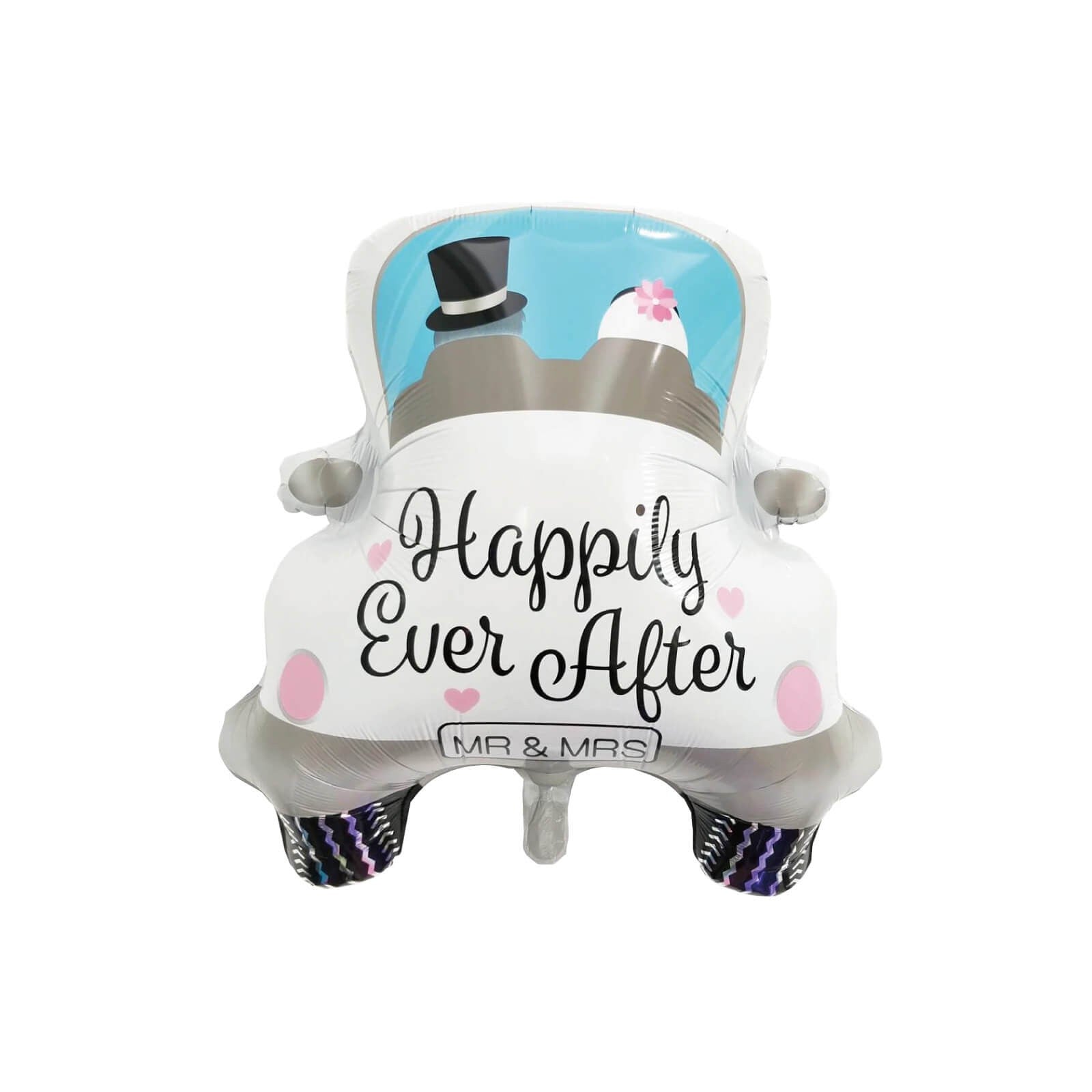 Balon din Folie Metalizata, Figurina Masina Nunta Happily Ever After, Decoratiune Evenimente, Umflare Aer sau Heliu, Pai Inclus, 60 x 63 cm, Alb