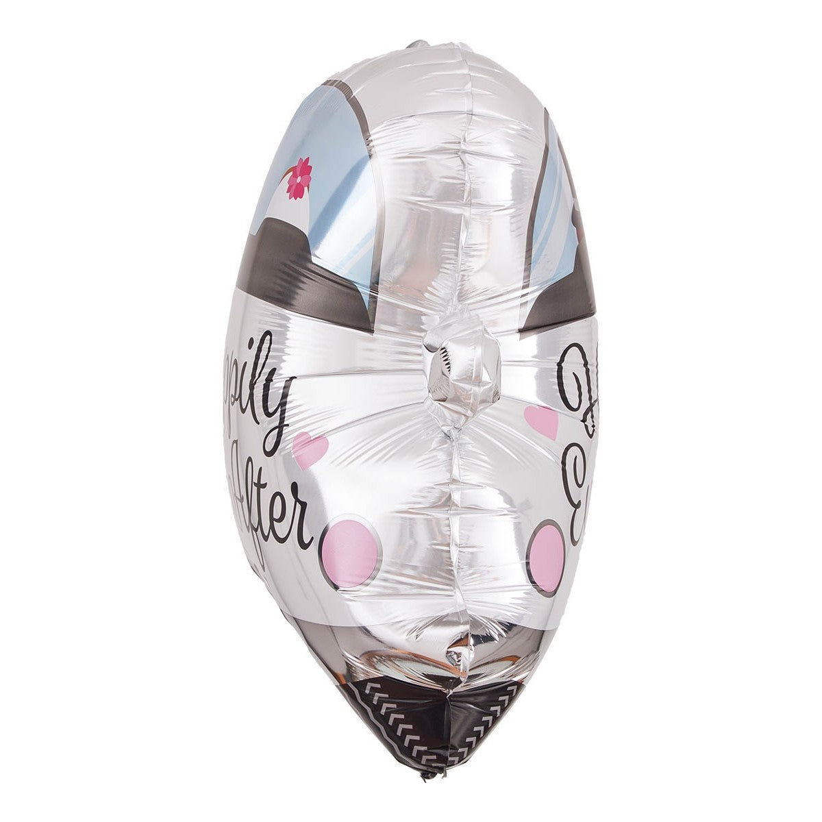 Balon din Folie Metalizata, Figurina Masina Nunta Happily Ever After, Decoratiune Evenimente, Umflare Aer sau Heliu, Pai Inclus, 60 x 63 cm, Alb