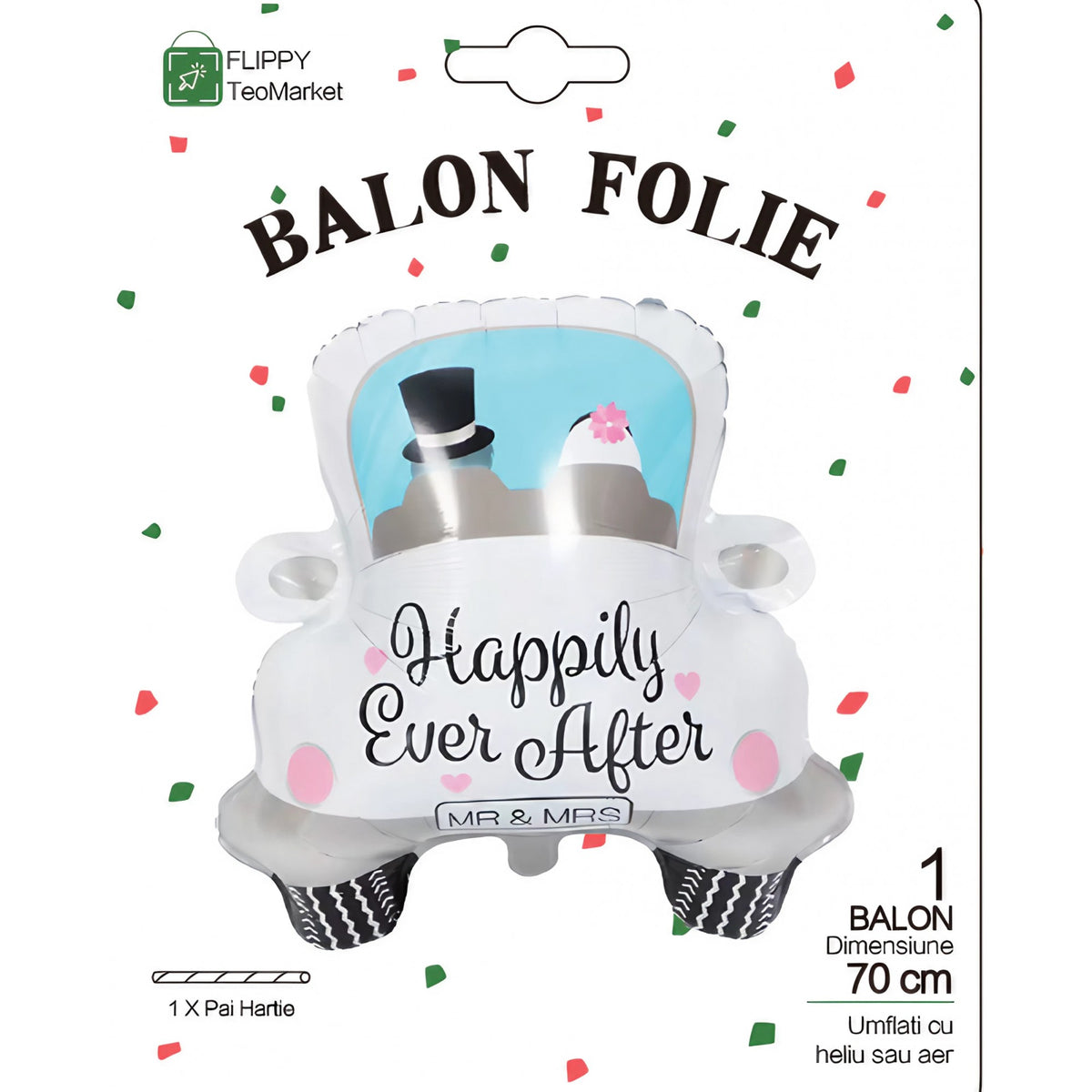 Balon din Folie Metalizata, Figurina Masina Nunta Happily Ever After, Decoratiune Evenimente, Umflare Aer sau Heliu, Pai Inclus, 60 x 63 cm, Alb