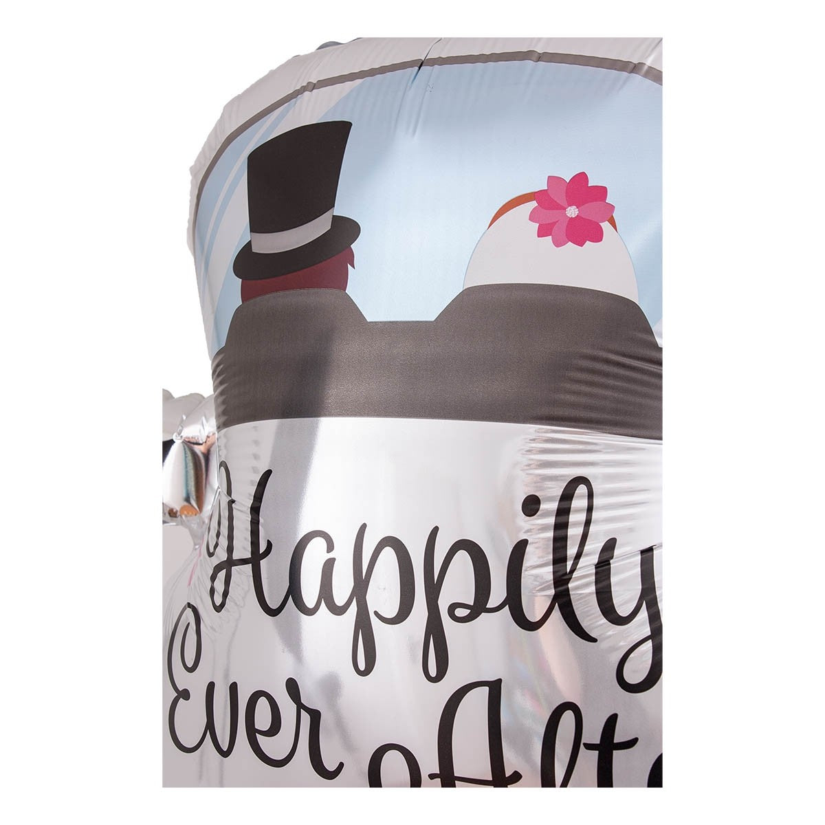 Balon din Folie Metalizata, Figurina Masina Nunta Happily Ever After, Decoratiune Evenimente, Umflare Aer sau Heliu, Pai Inclus, 60 x 63 cm, Alb