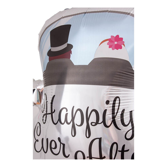 Balon din Folie Metalizata, Figurina Masina Nunta Happily Ever After, Decoratiune Evenimente, Umflare Aer sau Heliu, Pai Inclus, 60 x 63 cm, Alb