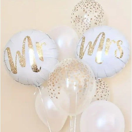 Set 12 Baloane Nunta Mr & Mrs, Baloane Party cu Confetti, Folie Metalizata si Latex, Umflare Aer sau Heliu, Include Pai, 30 cm si 45 cm, Alb/Auriu