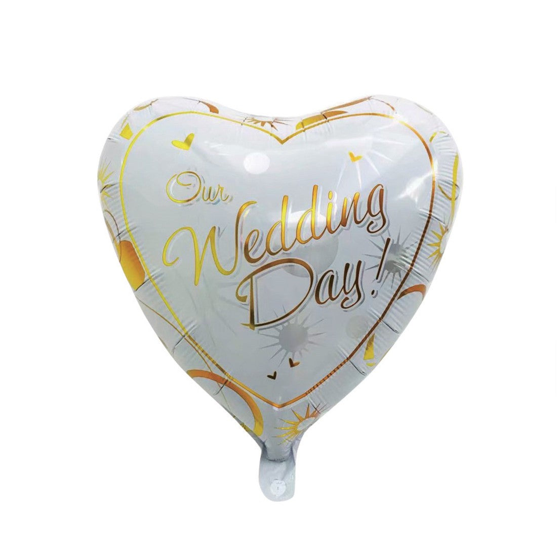 Balon din Folie Metalizata Inima, Model Our Wedding Day, Decoratiune Nunta, Umflare Aer sau Heliu, Pai Inclus, 45 cm, Alb/Auriu