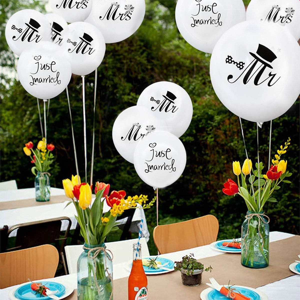 Set 10 Baloane din Latex, Model Nunta Mr & Mrs Just Married, Decor Petrecere Casatorie, 2.8 g, 30 cm, Alb/Negru