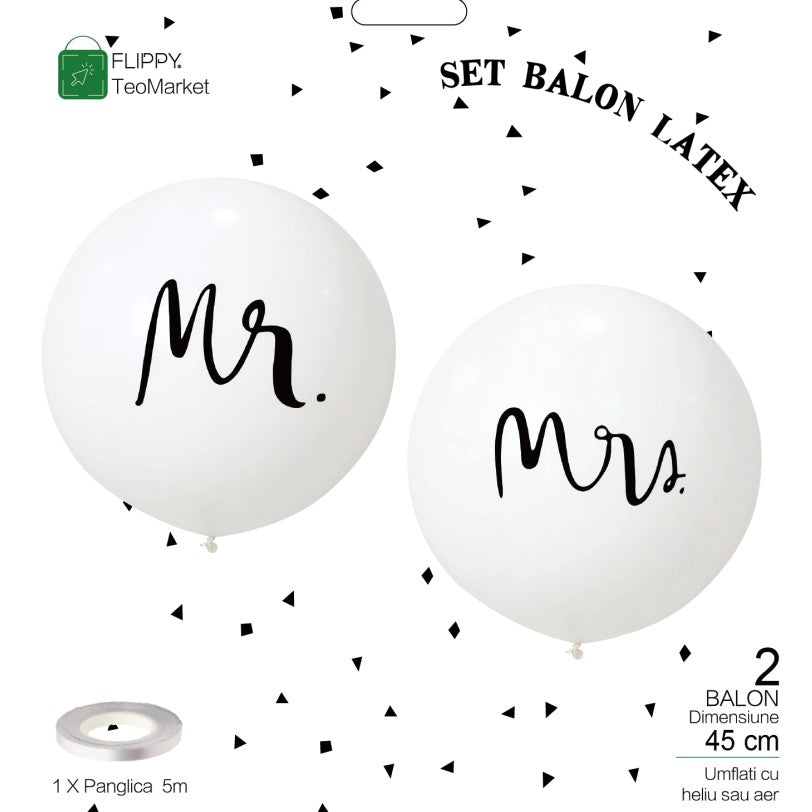 Set 2 Baloane Latex Jumbo Nunta, Imprimeu Mr si Mrs, Compatibile Aer sau Heliu, Biodegradabile, 45 cm, Alb
