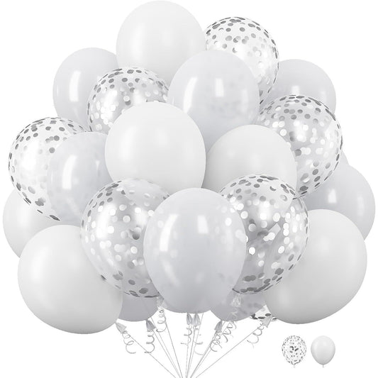 Set 10 Baloane Party din Latex, Decoratiuni Petrecere cu Aer sau Heliu, Material Biodegradabil, 30 cm, 5 Alb si 5 Transparent cu Confetti