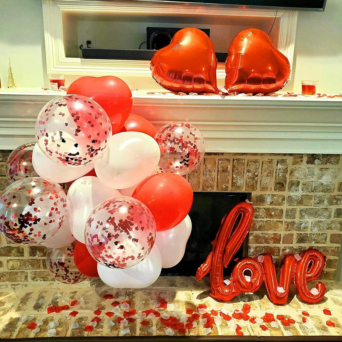 Set 13 Baloane Love, Decor Ziua Indragostitilor, Figurine Litere si Inima, Folie Metalizata si Latex cu Confetti, Umflare Aer sau Heliu, Rosu, 102x65 cm / 45 cm / 30 cm
