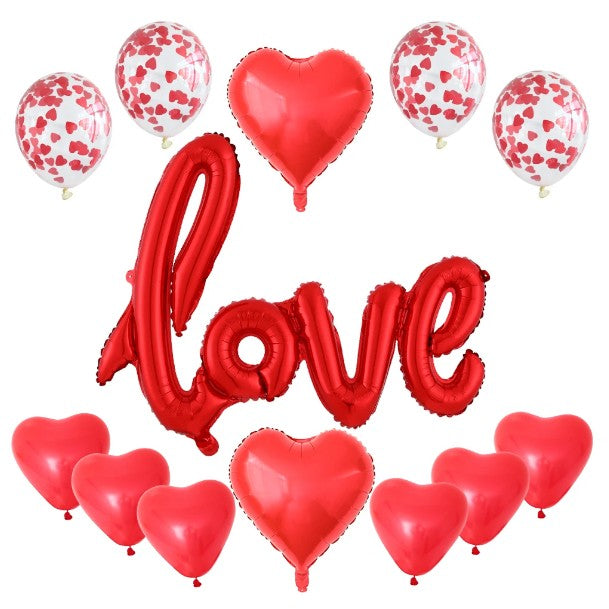 Set 13 Baloane Love, Decor Ziua Indragostitilor, Figurine Litere si Inima, Folie Metalizata si Latex cu Confetti, Umflare Aer sau Heliu, Rosu, 102x65 cm / 45 cm / 30 cm