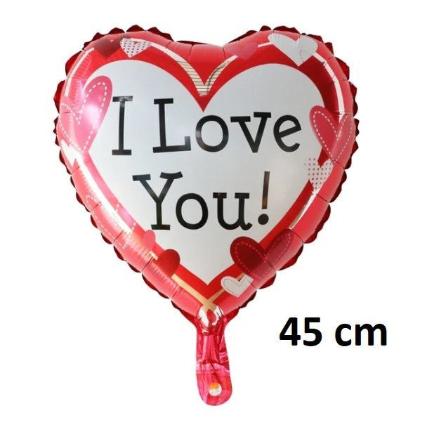 Balon din Folie Metalizata, Figurina Inima I Love You, Decoratiune Ziua Indragostitilor, Umflare Aer sau Heliu, include Pai, 45 cm, Rosu/Alb