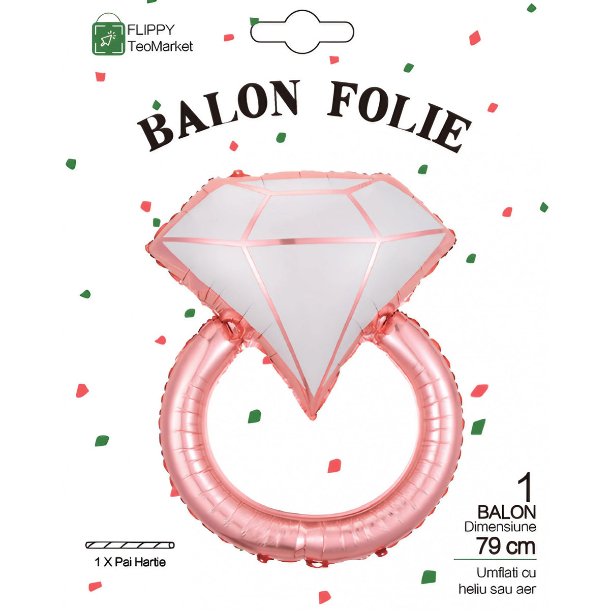 Balon din Folie Metalizata, Figurina Inel de Logodna cu Diamant, Decoratiuni Nunta si Petrecere, Umflare cu Aer sau Heliu, 60 cm, Roz