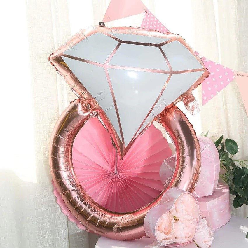 Balon din Folie Metalizata, Figurina Inel de Logodna cu Diamant, Decoratiuni Nunta si Petrecere, Umflare cu Aer sau Heliu, 60 cm, Roz