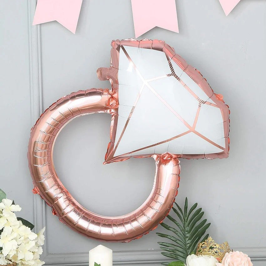 Balon din Folie Metalizata, Figurina Inel de Logodna cu Diamant, Decoratiuni Nunta si Petrecere, Umflare cu Aer sau Heliu, 60 cm, Roz