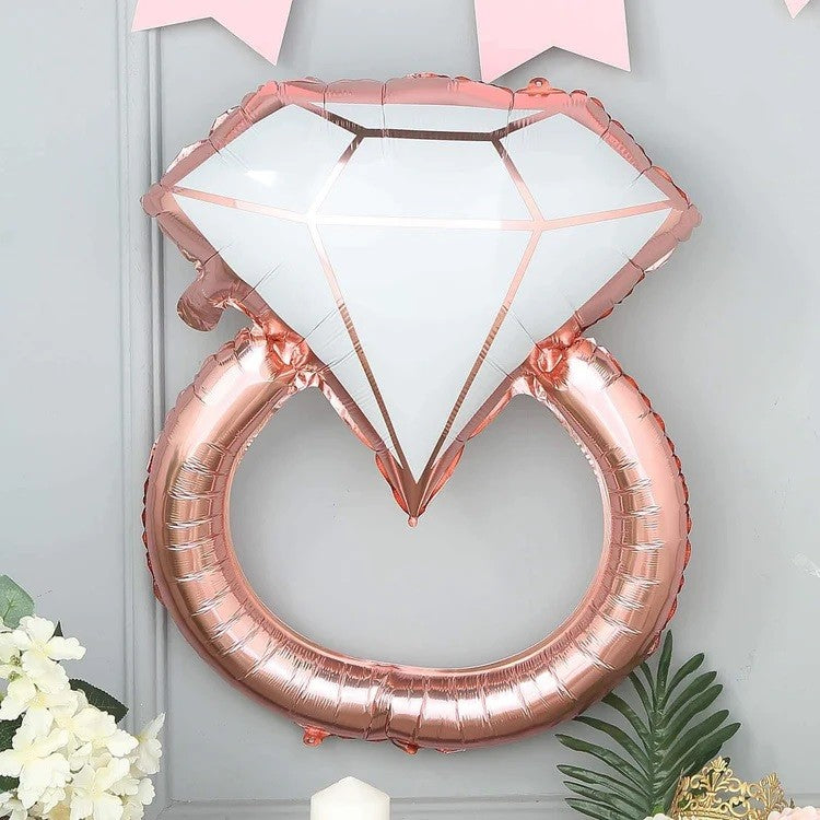 Balon din Folie Metalizata, Figurina Inel de Logodna cu Diamant, Decoratiuni Nunta si Petrecere, Umflare cu Aer sau Heliu, 60 cm, Roz