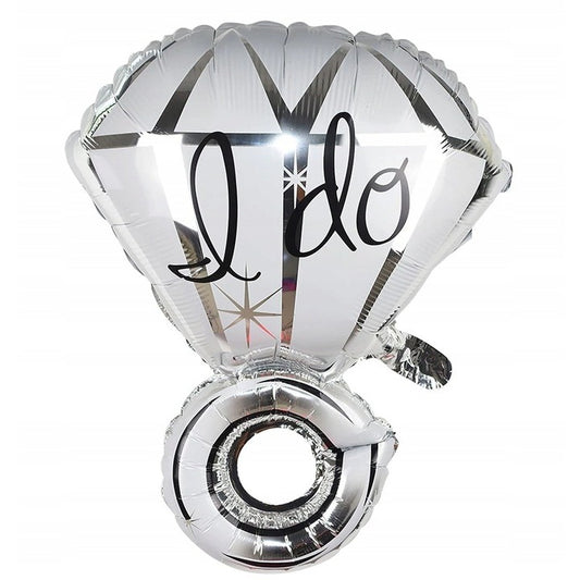 Balon din Folie Metalizata, Figurina Inel de Logodna cu Diamant, Decoratiune Tema Nunta si Cerere in Casatorie, Umflare Aer sau Heliu, Pai Inclus, 60 cm, Alb