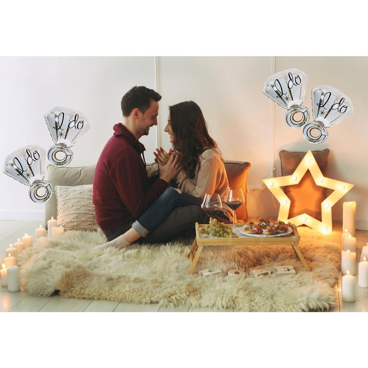 Balon din Folie Metalizata, Figurina Inel de Logodna cu Diamant, Decoratiune Tema Nunta si Cerere in Casatorie, Umflare Aer sau Heliu, Pai Inclus, 60 cm, Alb