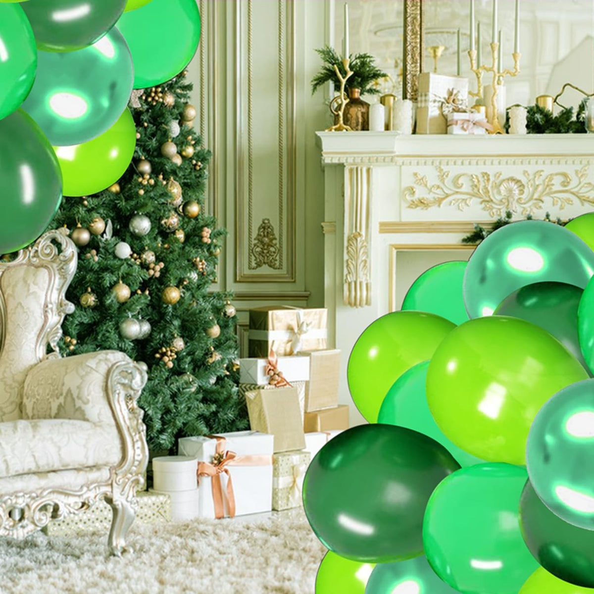 Set 10 Baloane din Latex Chrome, Model Party pentru Petreceri, Compatibile Aer sau Heliu, Aspect Metalic, 23 cm, Nuante Verde, 2.2 g