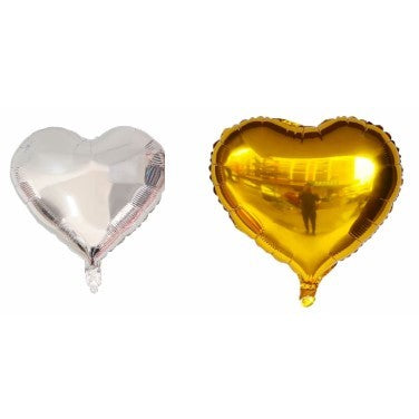 Set 2 Baloane din Folie Metalizata, Model Inima pentru Valentine's Day, Umflare Aer sau Heliu, Include Pai, 45 cm, Argintiu si Auriu