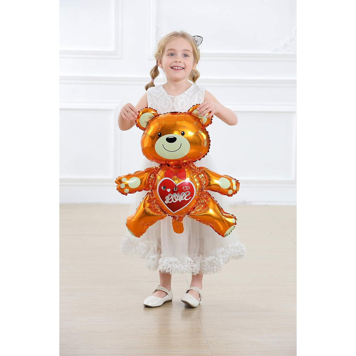 Balon din Folie Metalizata, Figurina Urs Model Love, Decoratiune Ziua Indragostitilor, Umflare Aer sau Heliu, Pai Inclus, 60x63 cm, Maro