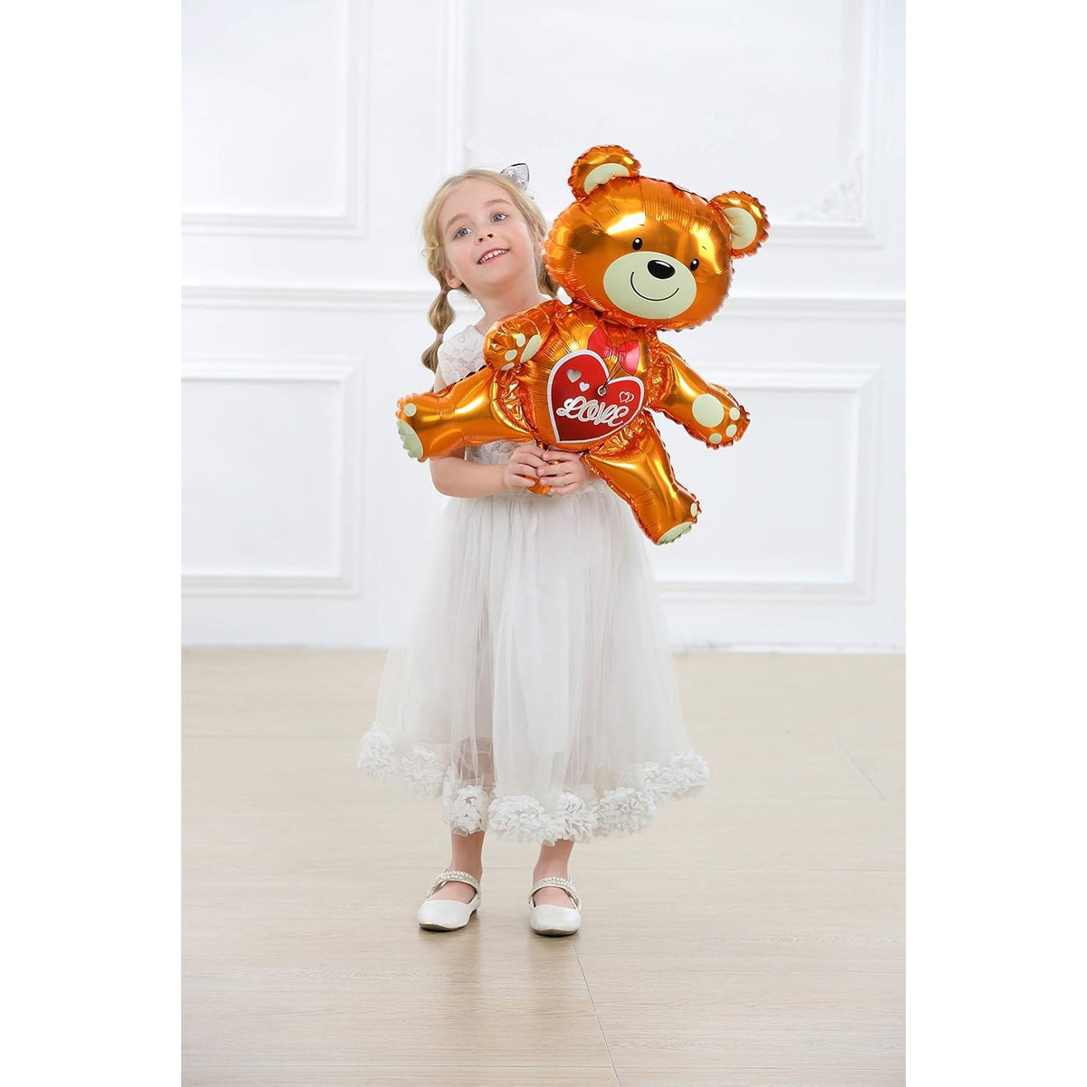 Balon din Folie Metalizata, Figurina Urs Model Love, Decoratiune Ziua Indragostitilor, Umflare Aer sau Heliu, Pai Inclus, 60x63 cm, Maro