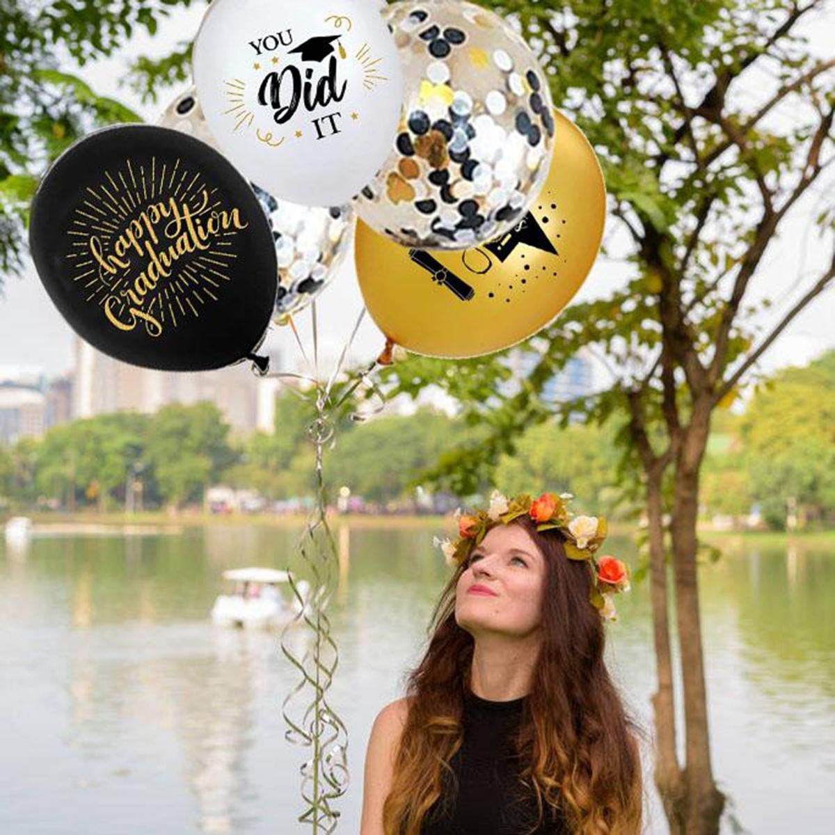 Set 10 Baloane Latex Metalizate, Tematică Absolvire, Decor Petrecere, Rezistente Aer sau Heliu, Negru, Auriu și Alb, 23 cm, 1.4 g