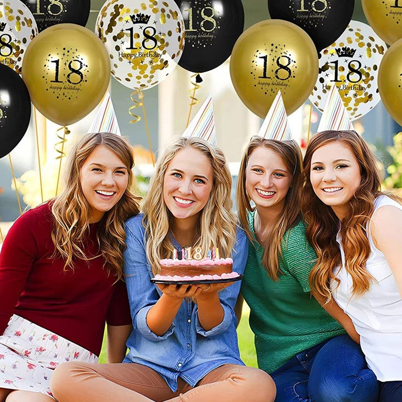 Set 18 Baloane Majorat, Model 18 Happy Birthday, Latex Metalizat si Confetti, Compatibile Heliu, 30 cm, Auriu/Negru/Transparent