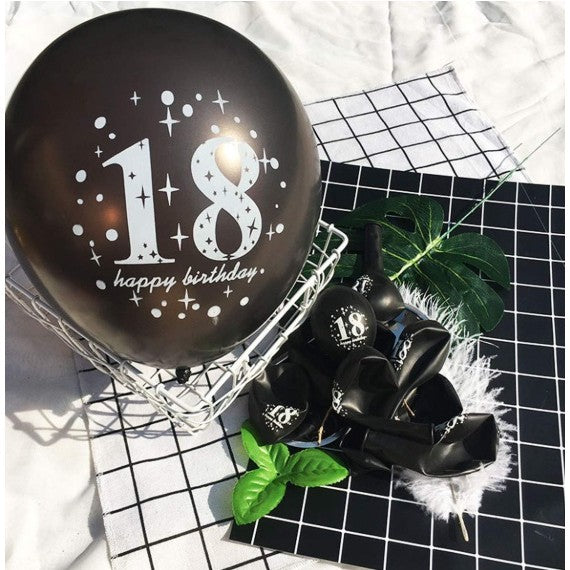 Set 18 Baloane Majorat, Model 18 Happy Birthday, Latex Metalizat si Confetti, Compatibile Heliu, 30 cm, Auriu/Negru/Transparent