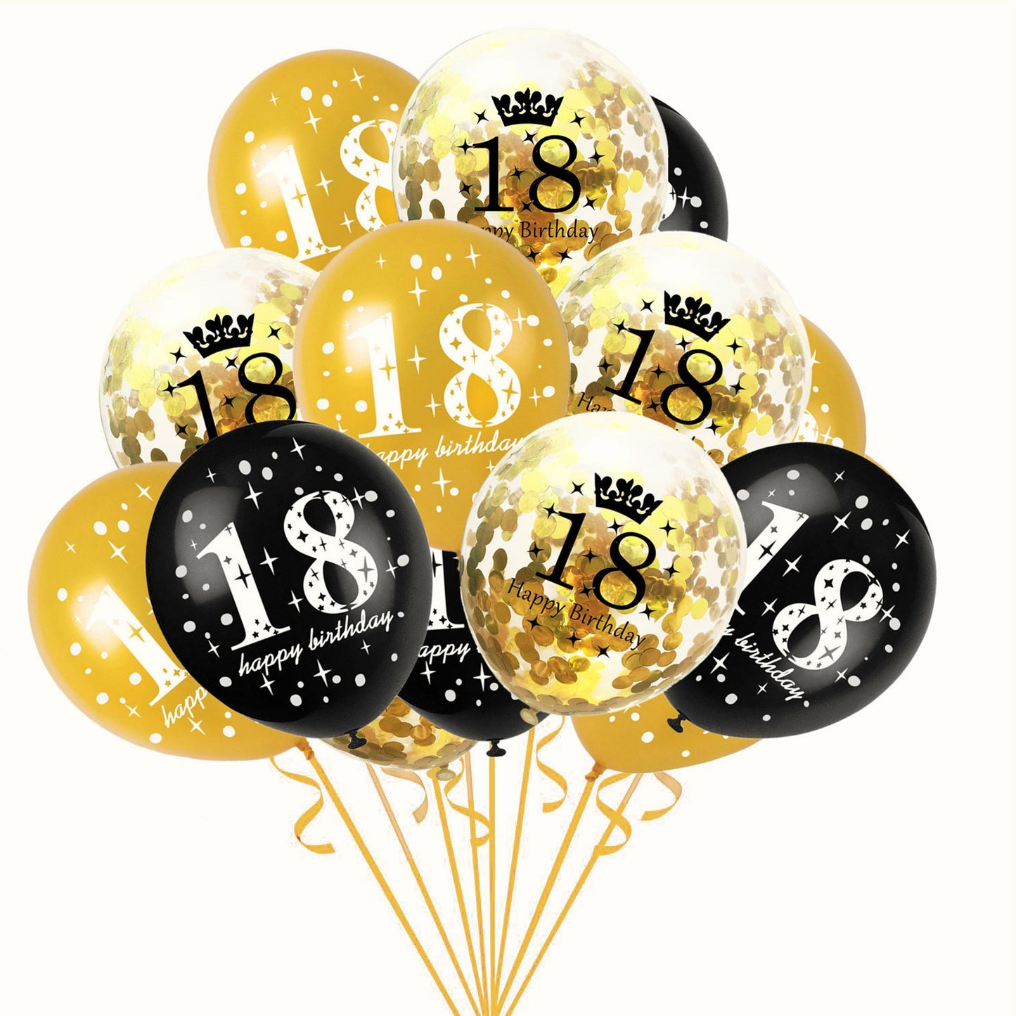 Set 18 Baloane Majorat, Model 18 Happy Birthday, Latex Metalizat si Confetti, Compatibile Heliu, 30 cm, Auriu/Negru/Transparent