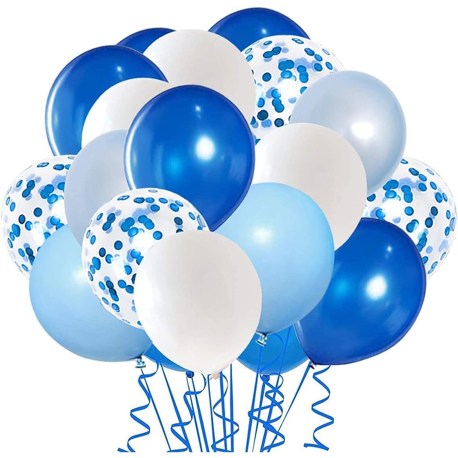 Set 16 Baloane Party din Latex, Metalizate si cu Confetti, Compatibile Heliu, 30 cm, Albastru, Alb si Transparent, 2.8 g