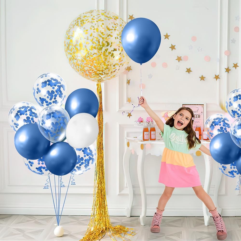 Set 16 Baloane Party din Latex, Metalizate si cu Confetti, Compatibile Heliu, 30 cm, Albastru, Alb si Transparent, 2.8 g