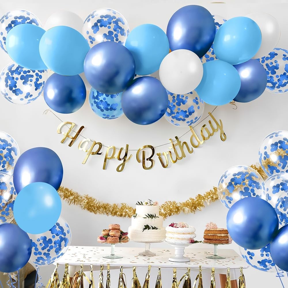 Set 16 Baloane Party din Latex, Metalizate si cu Confetti, Compatibile Heliu, 30 cm, Albastru, Alb si Transparent, 2.8 g